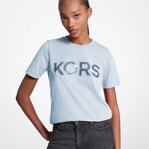Michael Kors Sequined Logo Cotton T-Shirt - light blue - XS